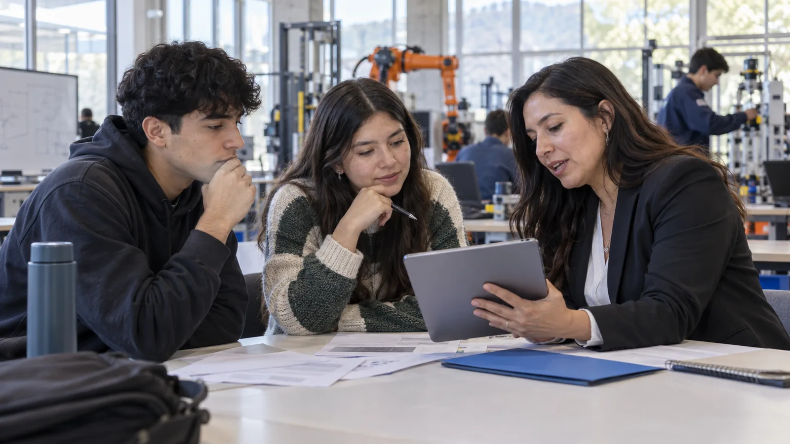 Dos estudiantes reciben orientación para comparar carreras técnico-profesionales en un laboratorio de automatización