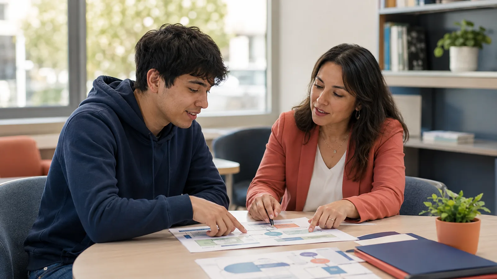 Estudiante chileno revisando un cambio de carrera y universidad con una orientadora