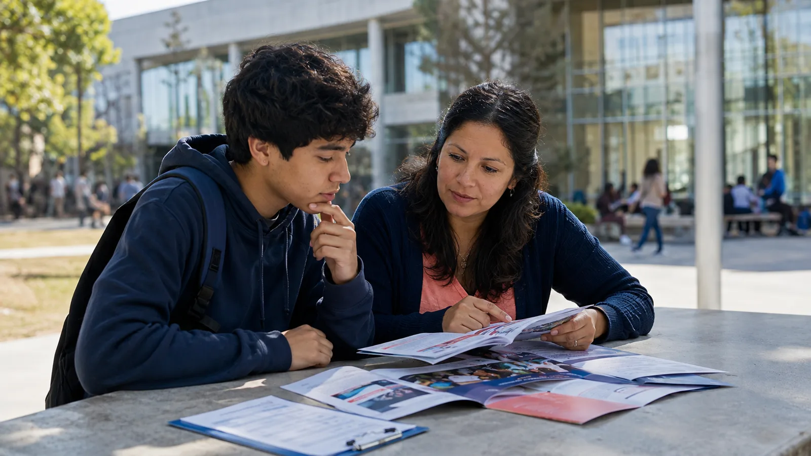 Estudiante chileno y su madre comparando universidades durante una visita a campus