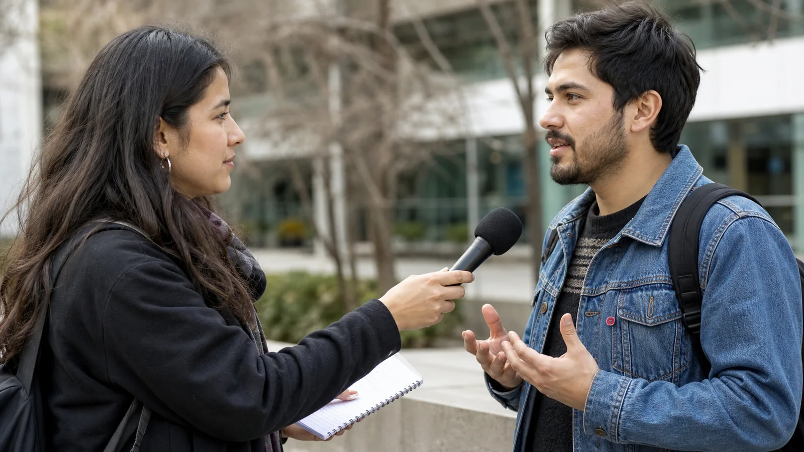 Joven periodista chilena entrevistando con micrófono y libreta en un entorno urbano