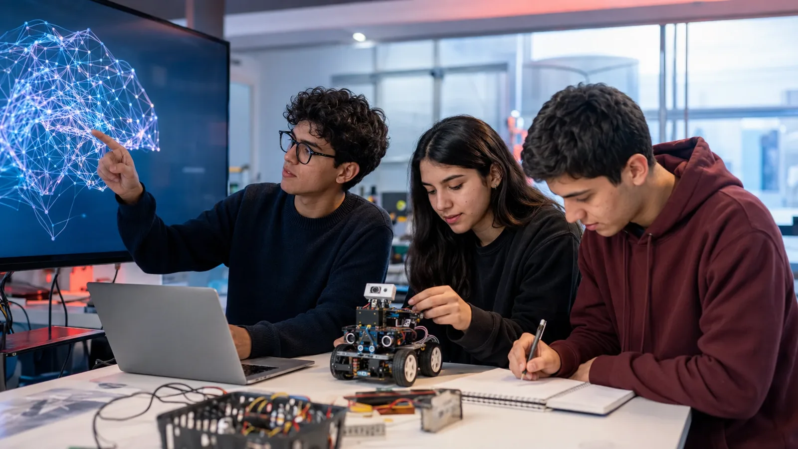Estudiantes chilenos aprendiendo inteligencia artificial y robótica en un laboratorio universitario