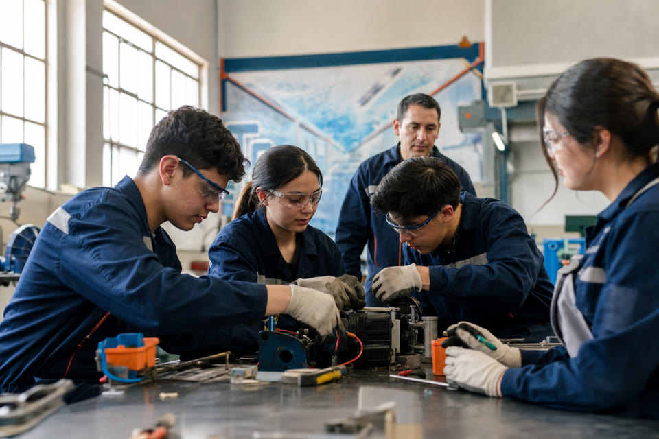 Estudiantes de formación técnica realizando una práctica en taller