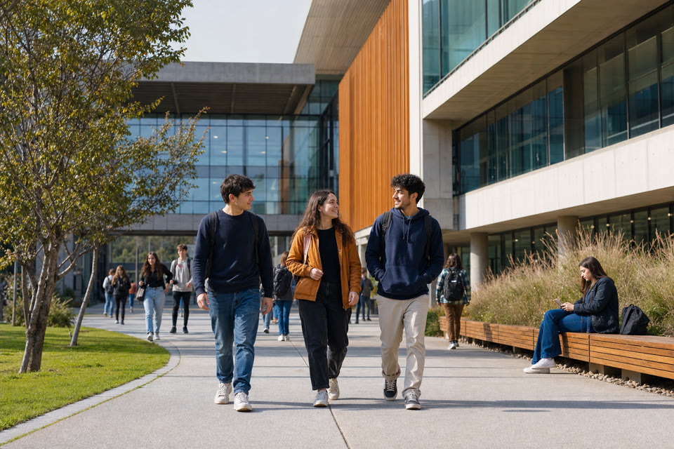 Estudiantes caminando por un campus universitario
