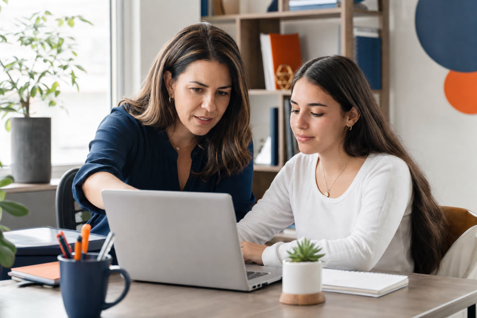 Orientadora y estudiante verificando información antes de postular