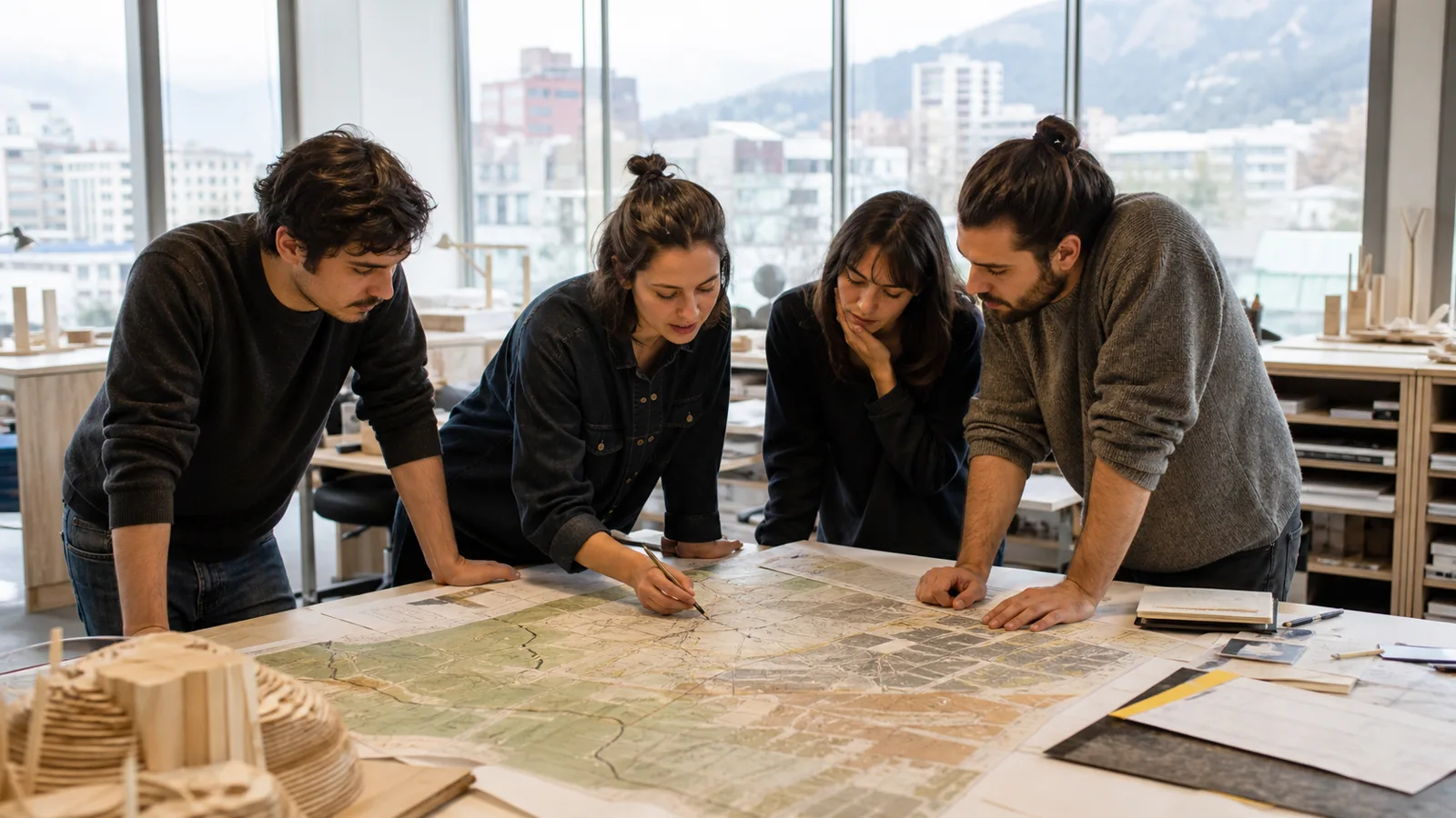 Estudiantes de Arquitectura en un taller de urbanismo con un plano territorial extendido sobre la mesa