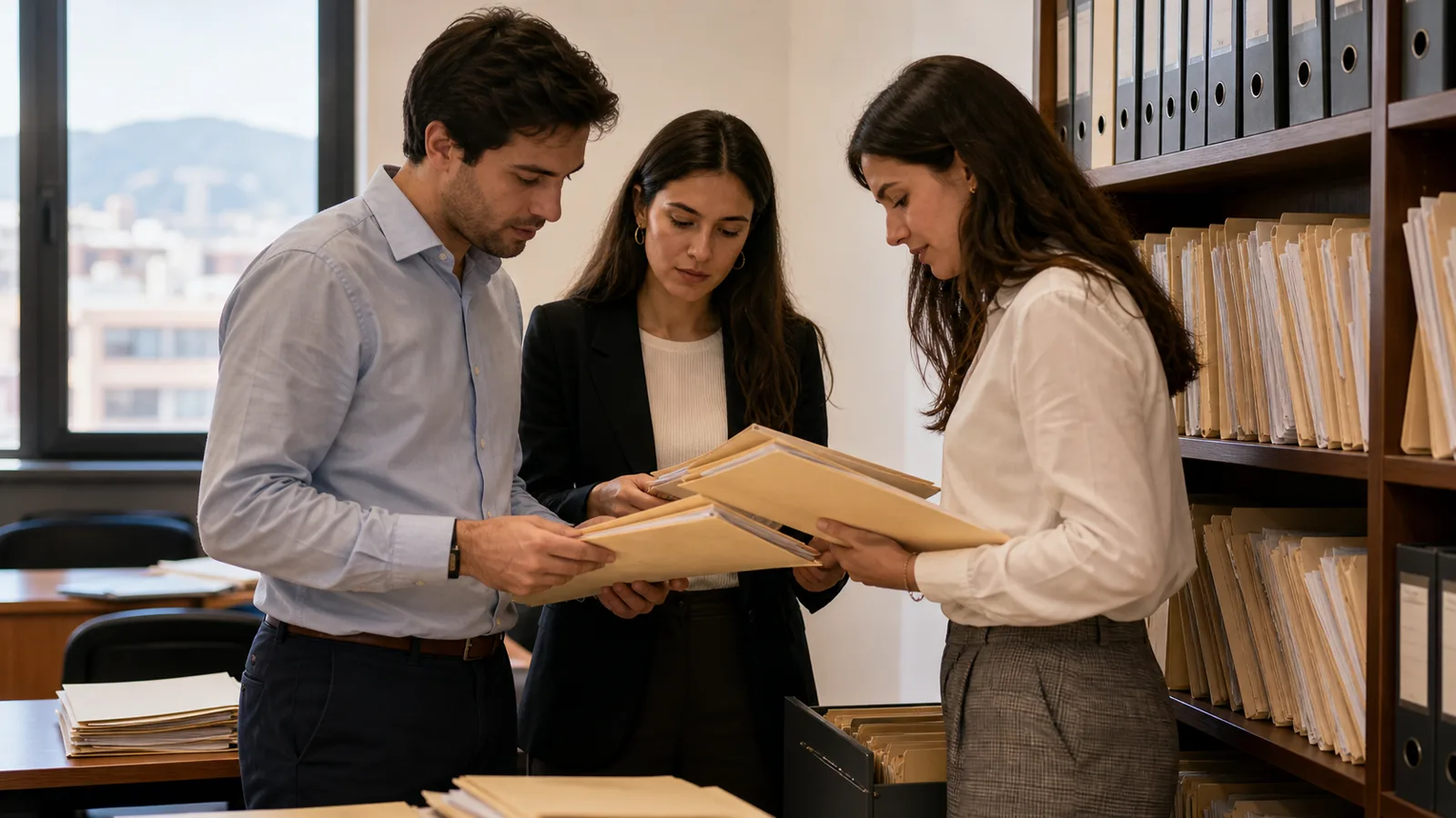 Estudiantes de Derecho ordenando carpetas de casos en un archivador de la clinica juridica