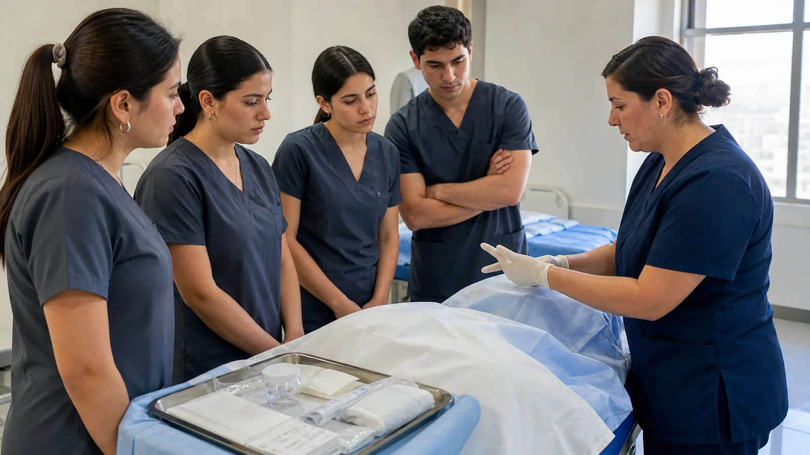 Estudiantes de Enfermeria en un taller de sondeo vesical sobre un modelo de practica