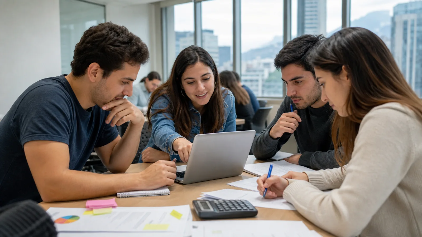 Estudiantes de Ingenieria Comercial en una mesa de trabajo armando un presupuesto en el notebook