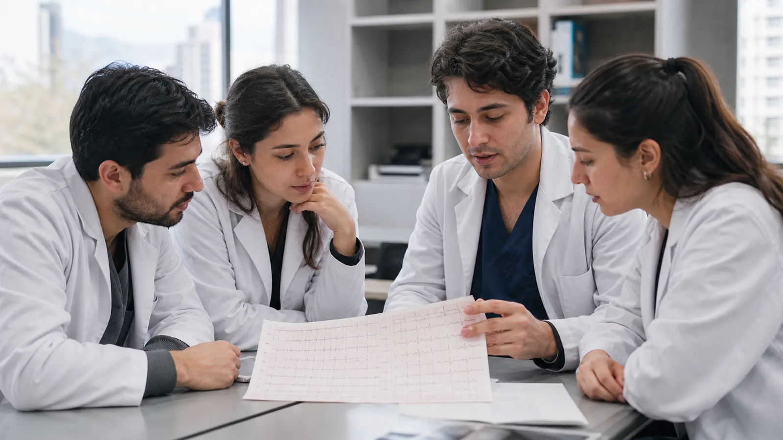 Estudiantes de Medicina discutiendo un electrocardiograma impreso sobre la mesa