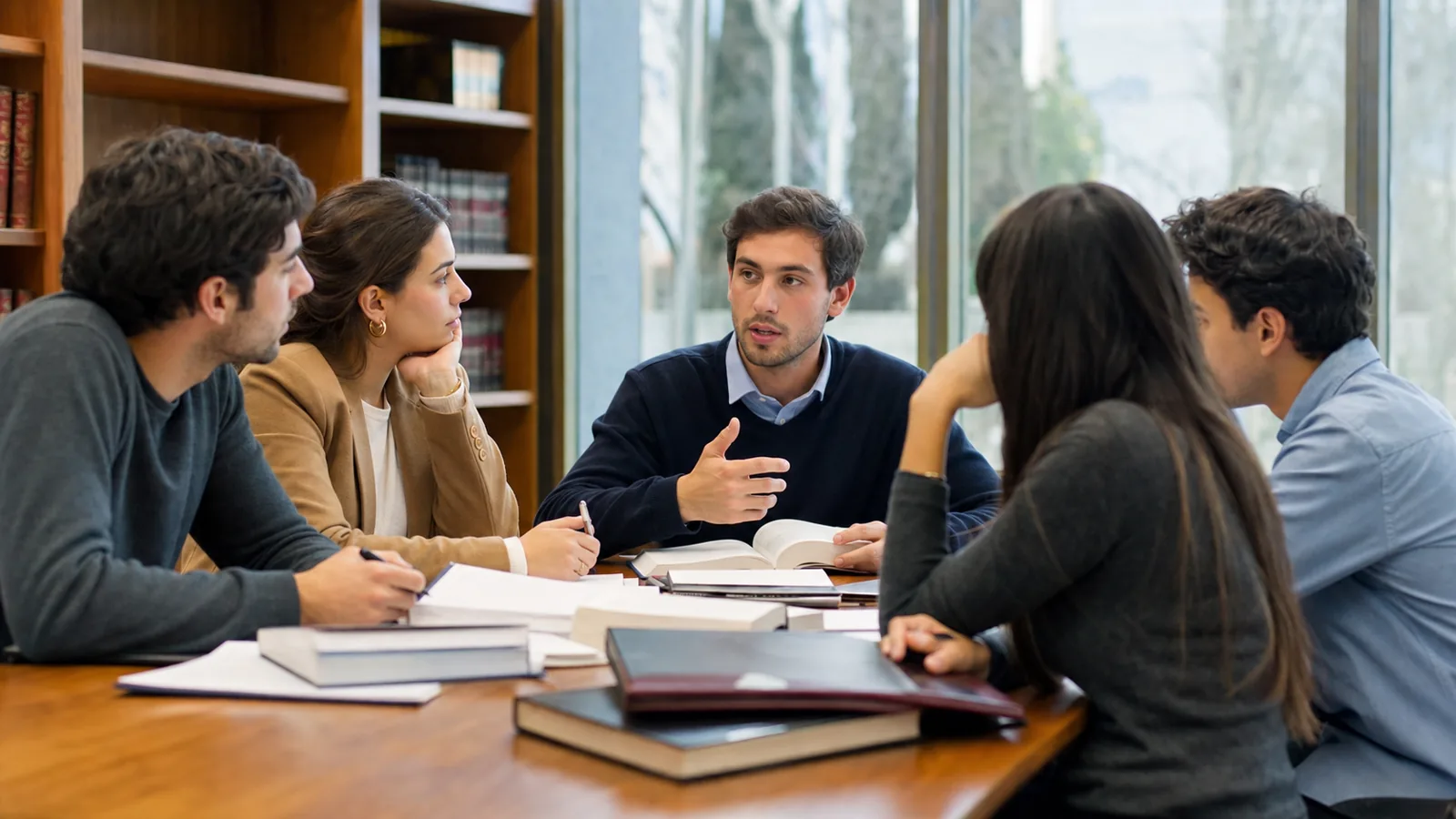 Estudiantes de Derecho en un seminario de derecho constitucional alrededor de una mesa