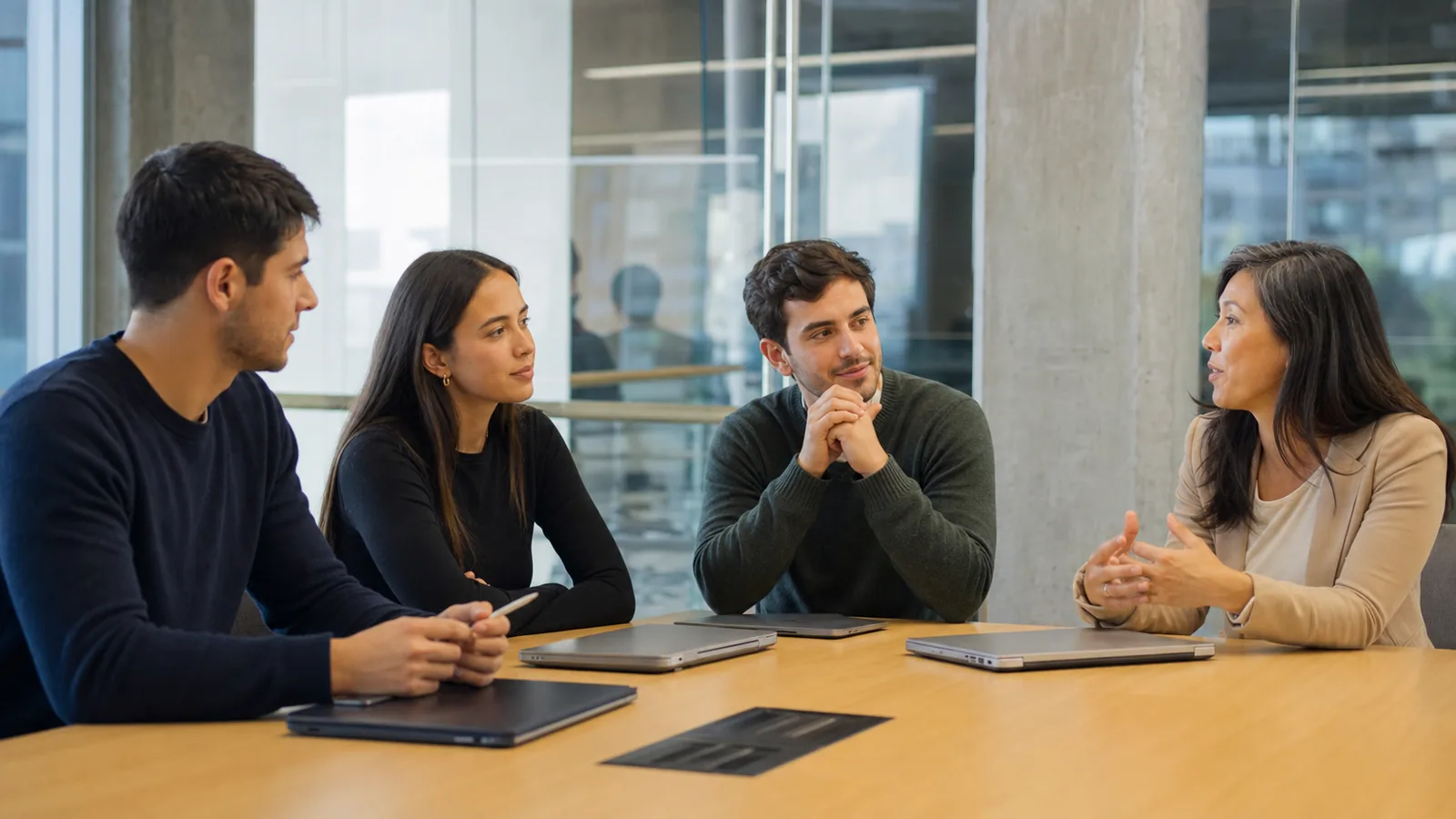 Estudiantes de Ingeniería Comercial entrevistando a una persona emprendedora en una sala de reuniones