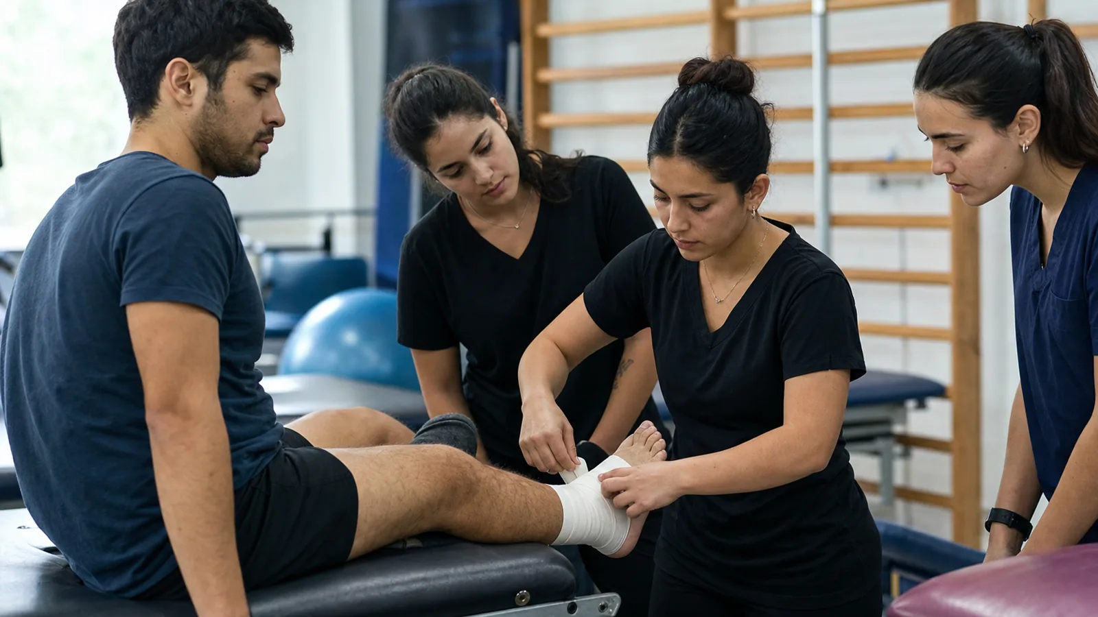 Estudiantes de Kinesiología practicando vendaje funcional en el tobillo de un compañero