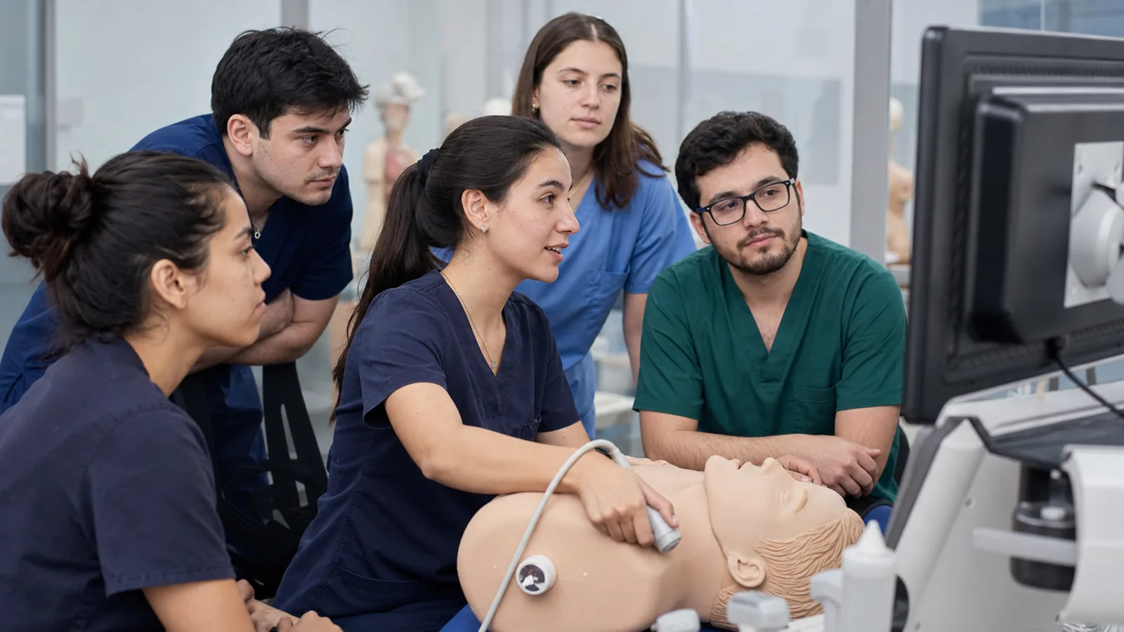 Estudiantes de Medicina en una sesión docente de ecografía con un maniquí clínico