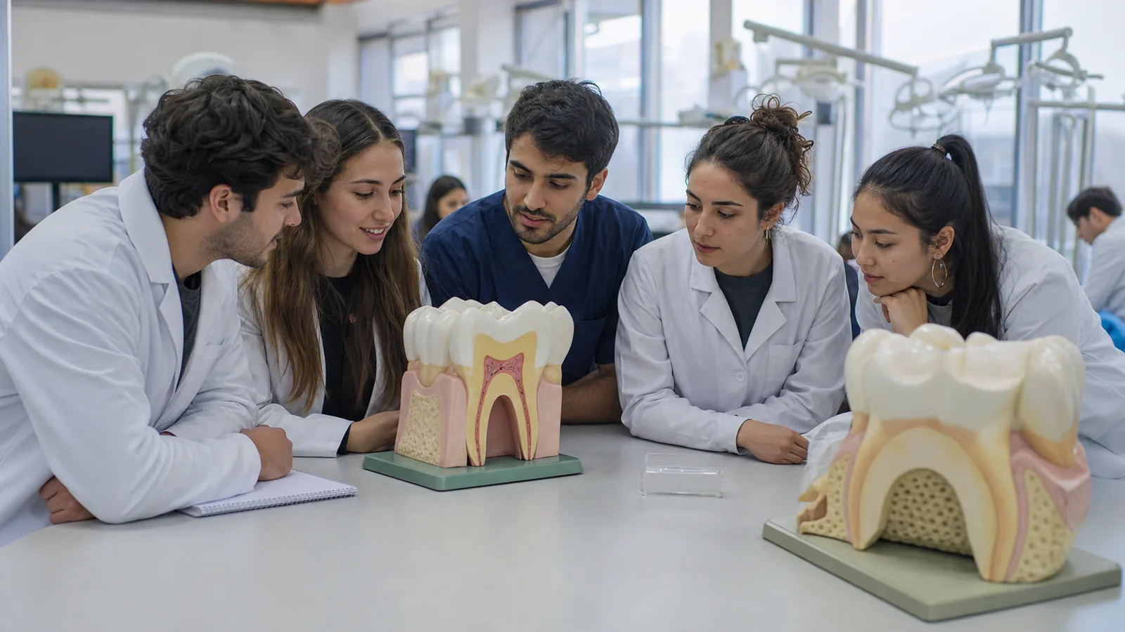 Estudiantes de Odontología en una clase de anatomía dental con modelos ampliados