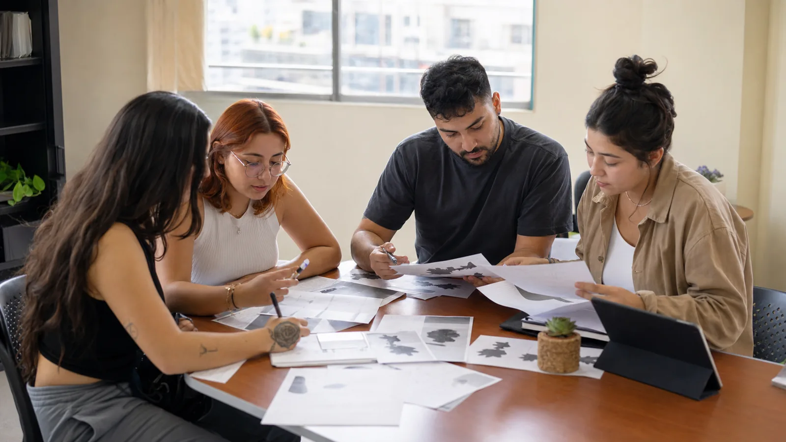 Estudiantes de Psicología preparando material de evaluación en un box docente