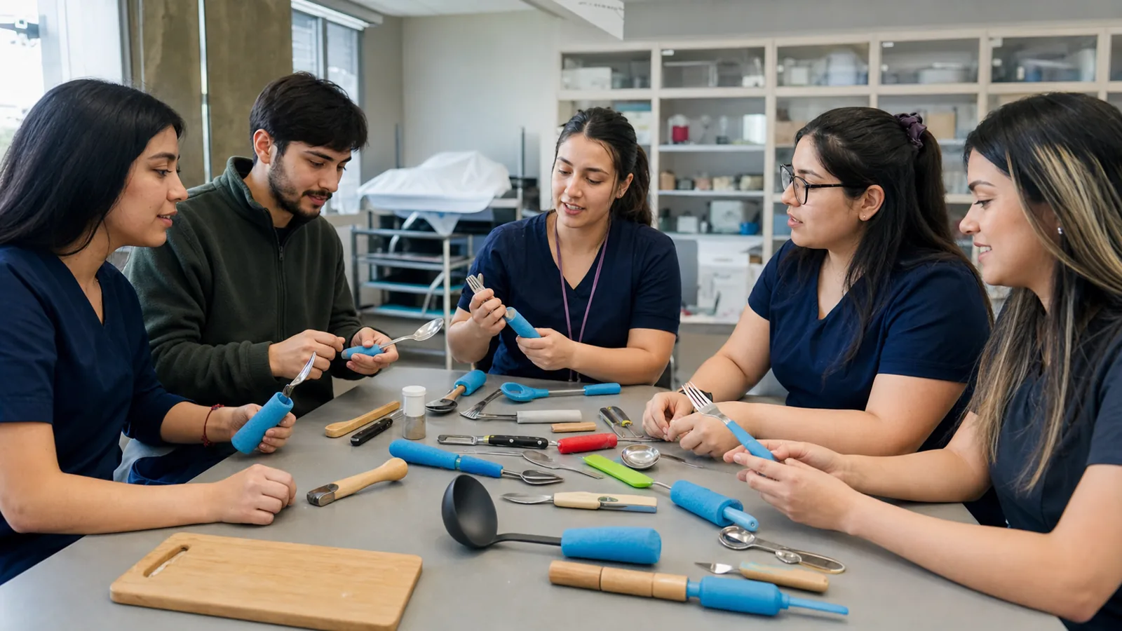 Estudiantes de Terapia Ocupacional adaptando utensilios de cocina en un taller docente