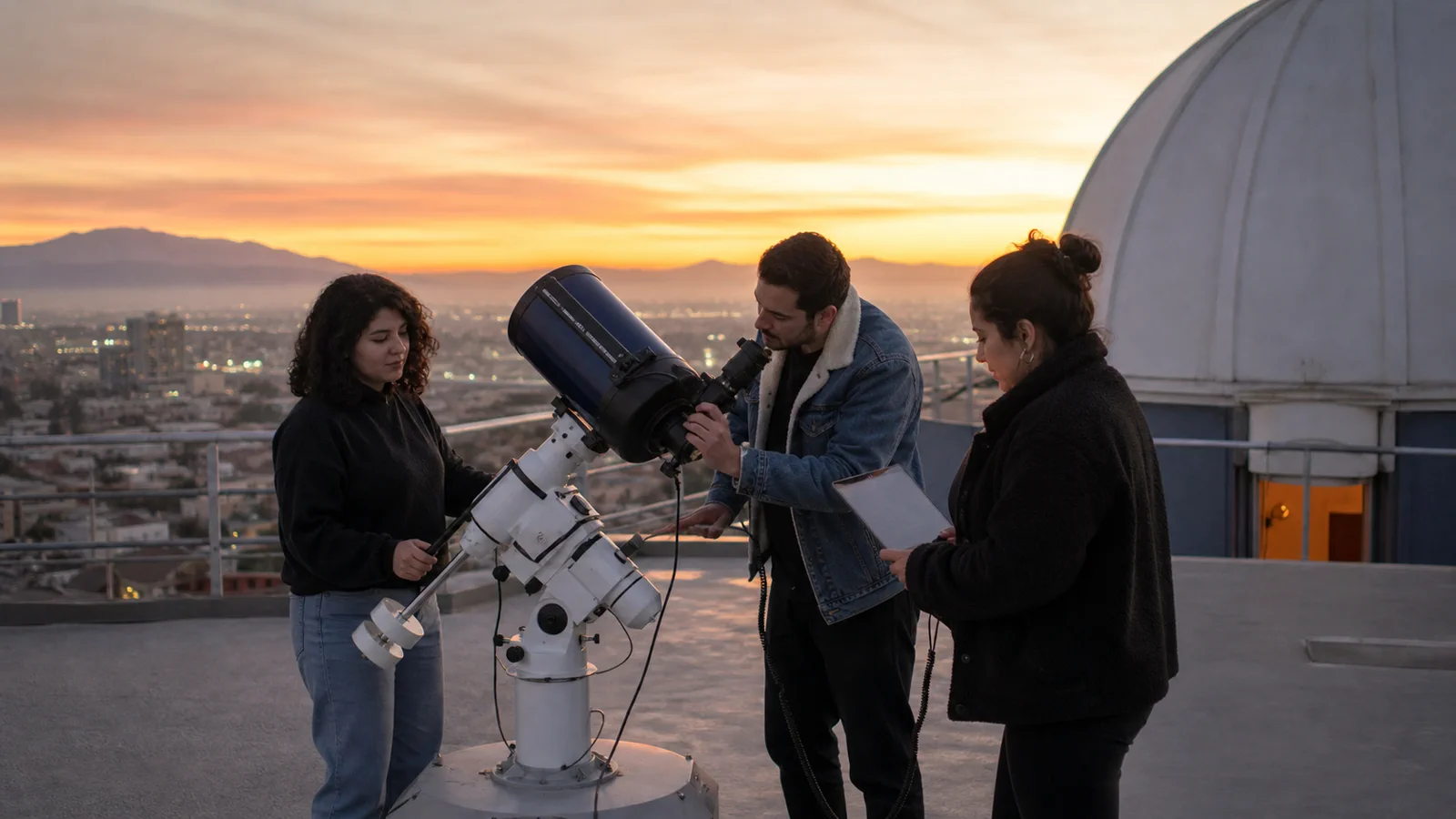 Estudiantes de Astronomía ajustando un telescopio en un observatorio docente al atardecer