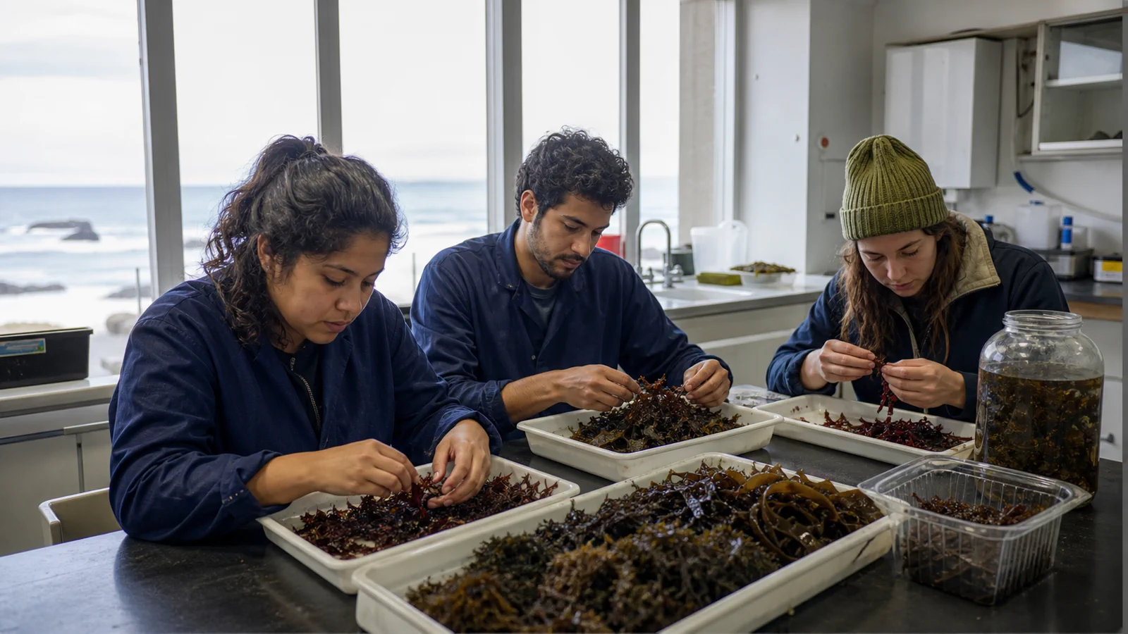 Estudiantes de Biología Marina clasificando algas en un laboratorio costero
