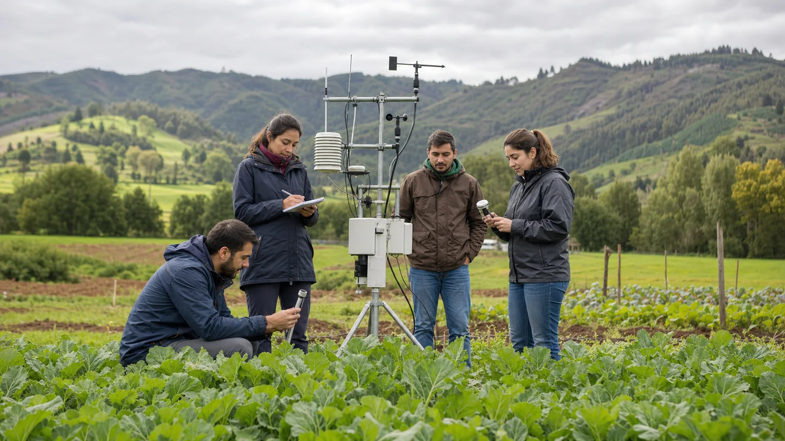 Estudiantes de Agronomía en la estación meteorológica de un campo experimental
