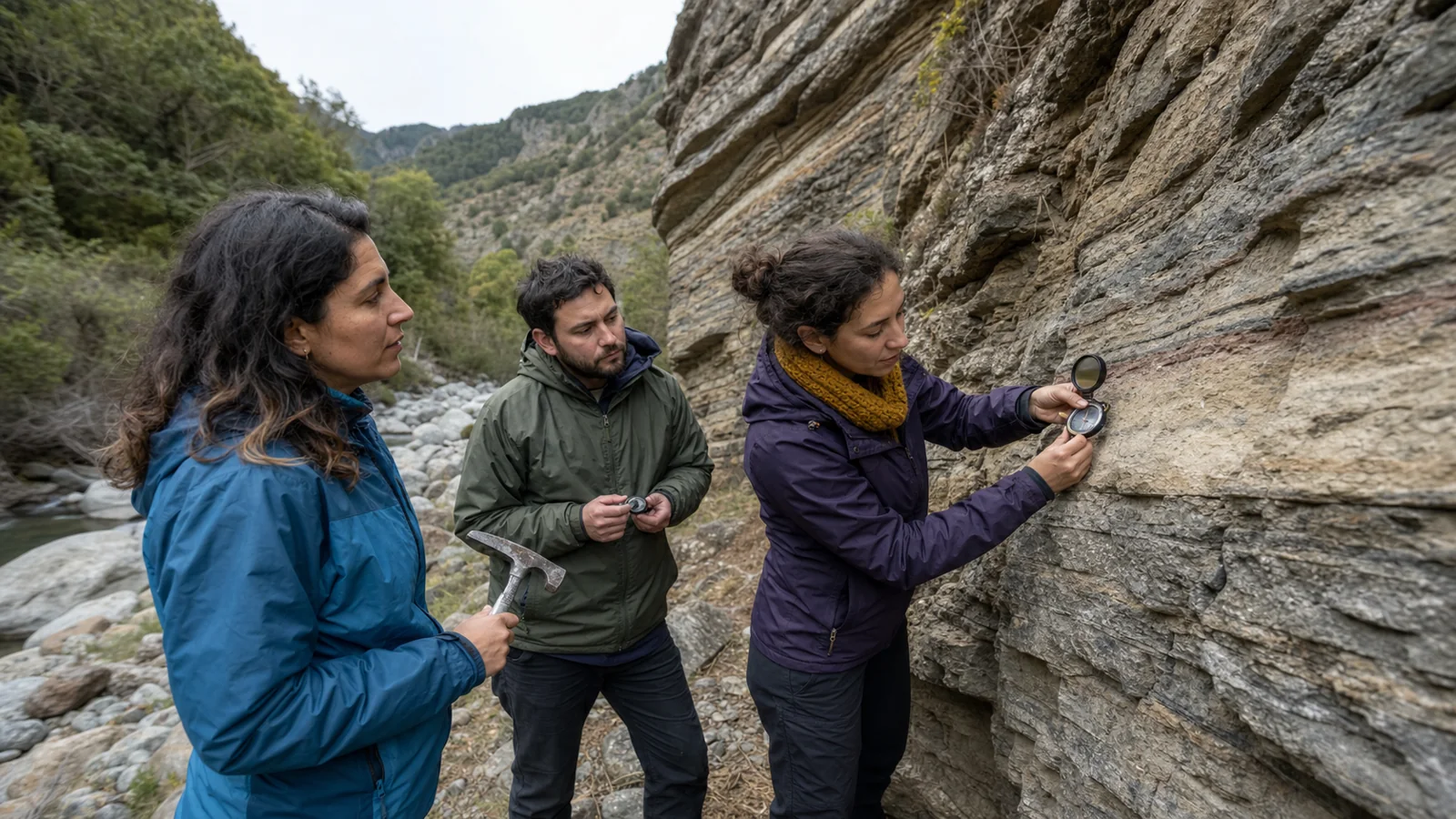 Estudiantes de Geología midiendo estratos con brújula en una quebrada