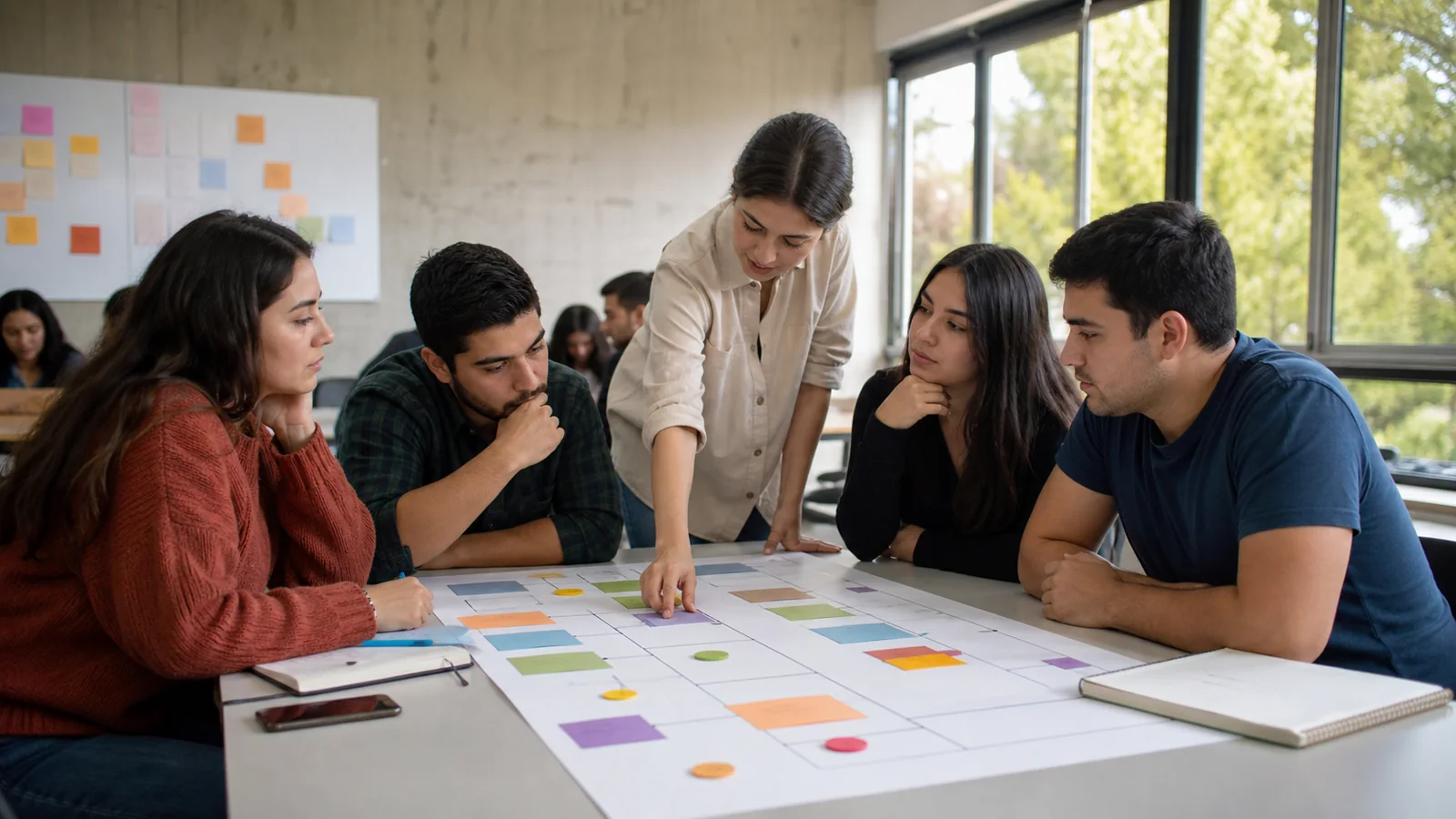 Estudiantes de Ingeniería Comercial en una clase de estrategia con un tablero de escenarios