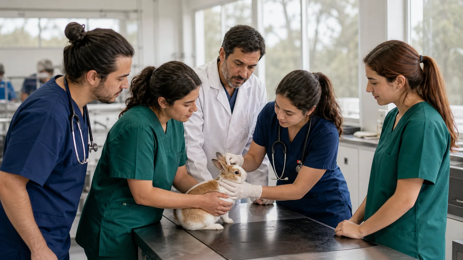 Estudiantes de Medicina Veterinaria revisando a un conejo en un box docente