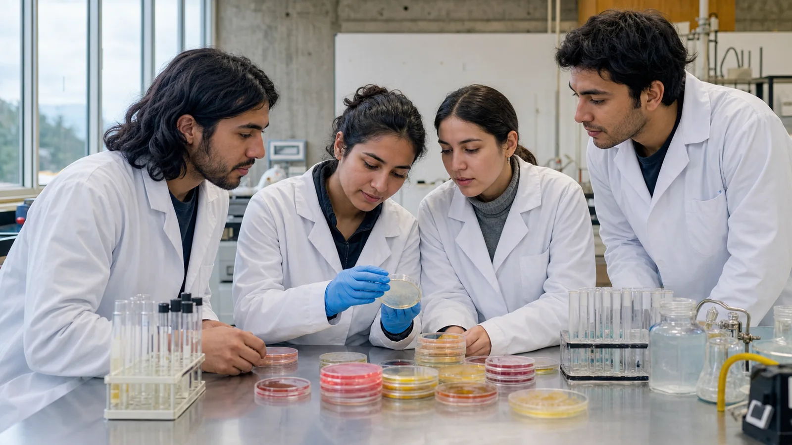 Estudiantes de Medicina en un laboratorio de microbiología observando placas