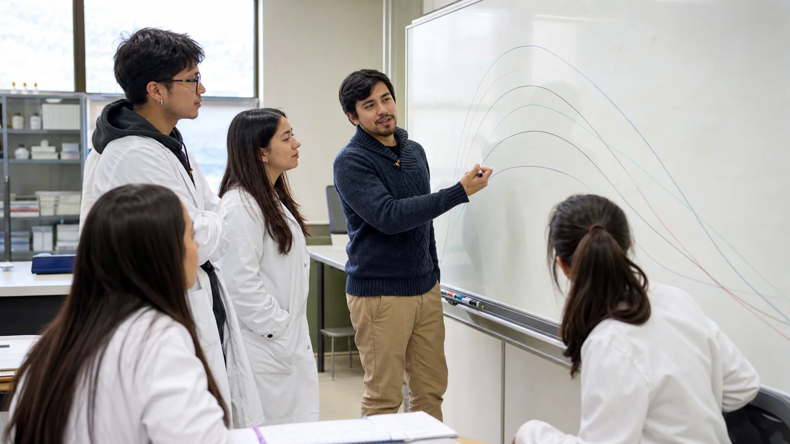 Estudiantes de Química y Farmacia en una clase de farmacocinética con curvas en la pizarra