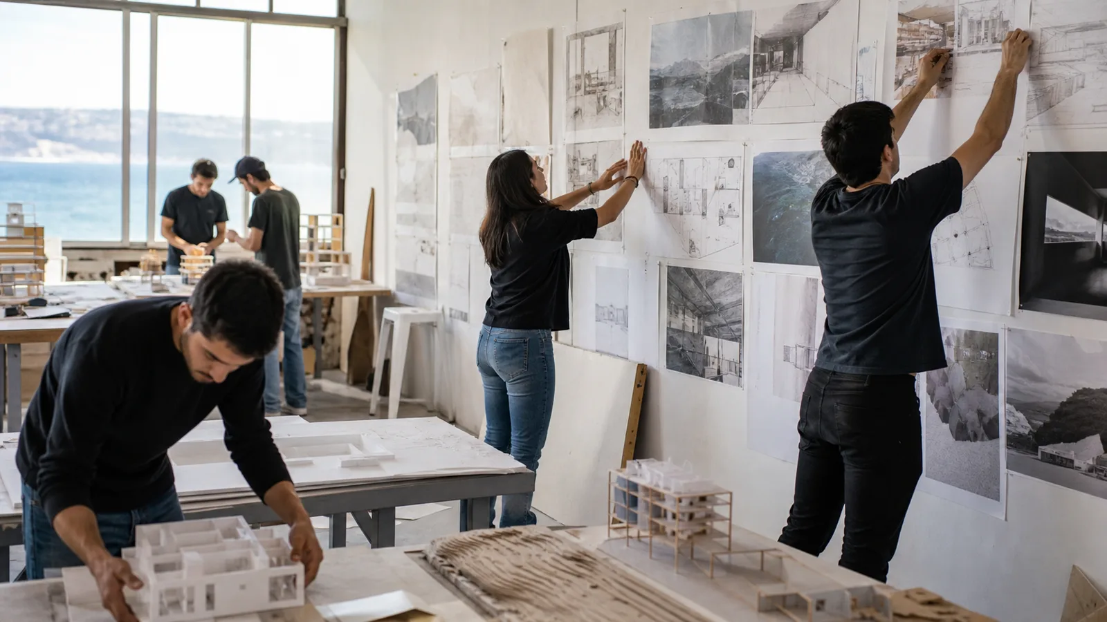 Estudiantes de Arquitectura montando una exposición de proyectos y maquetas