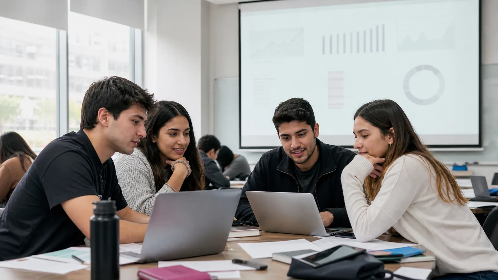 Estudiantes de Ingeniería Civil Industrial evaluando un proyecto en clase