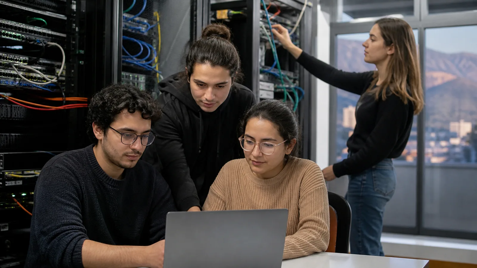 Estudiantes de Ingeniería Civil Informática trabajando en una sala de servidores