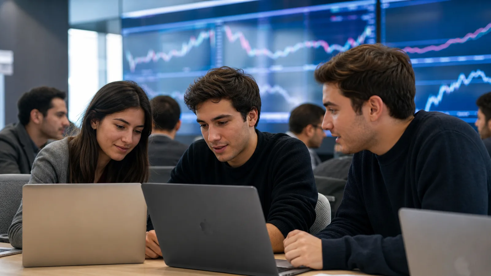 Estudiantes de Ingeniería Comercial analizando gráficos de mercado
