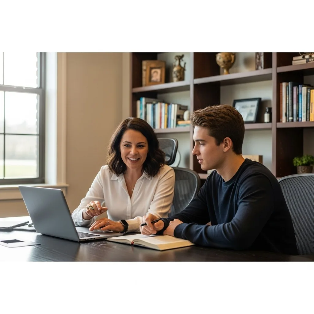 Orientadora vocacional ayudando a estudiante con proceso DEMRE